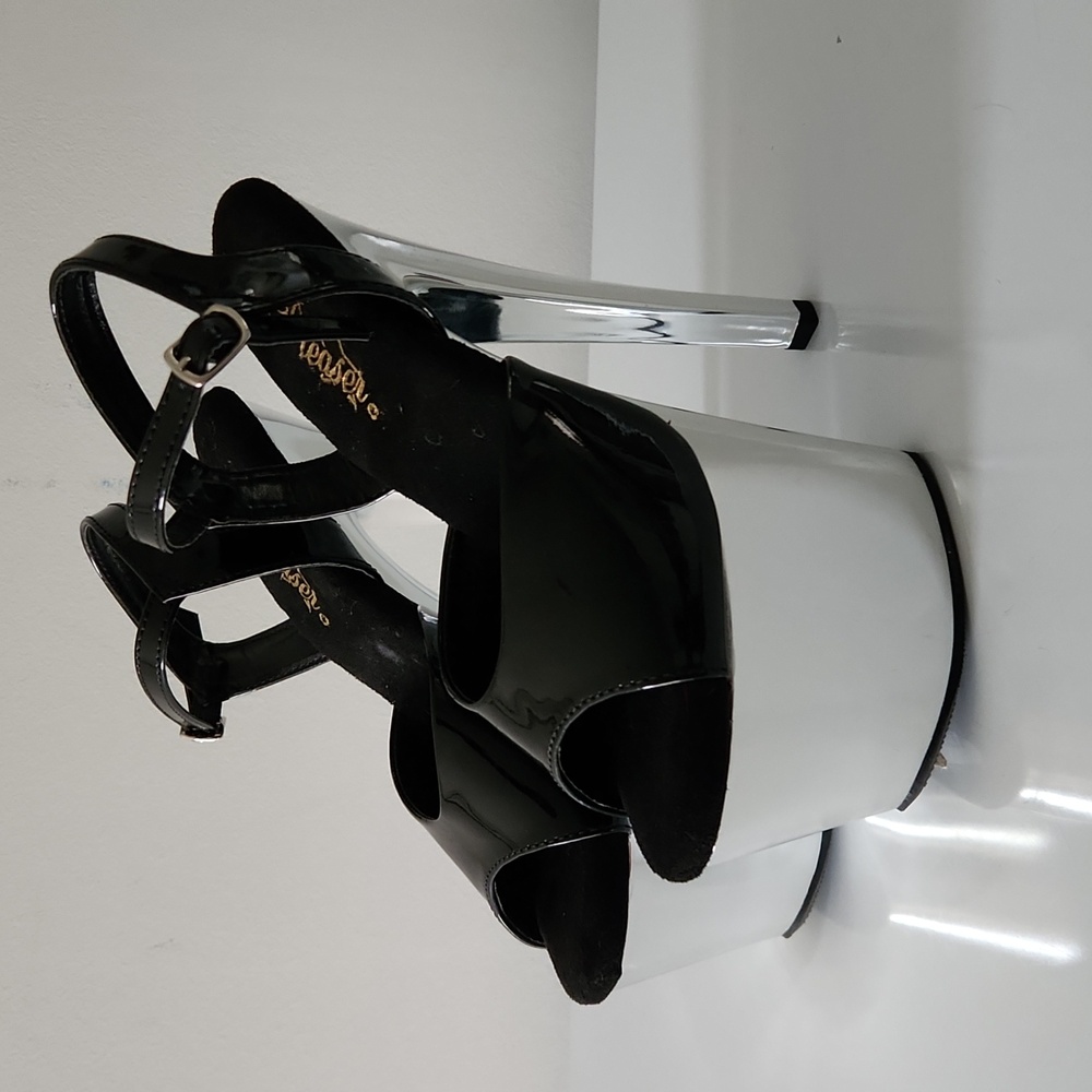 Pleaser Black Peep-Toe Platform 7 Inch Heels with Silver Mirror Platform,Size 7